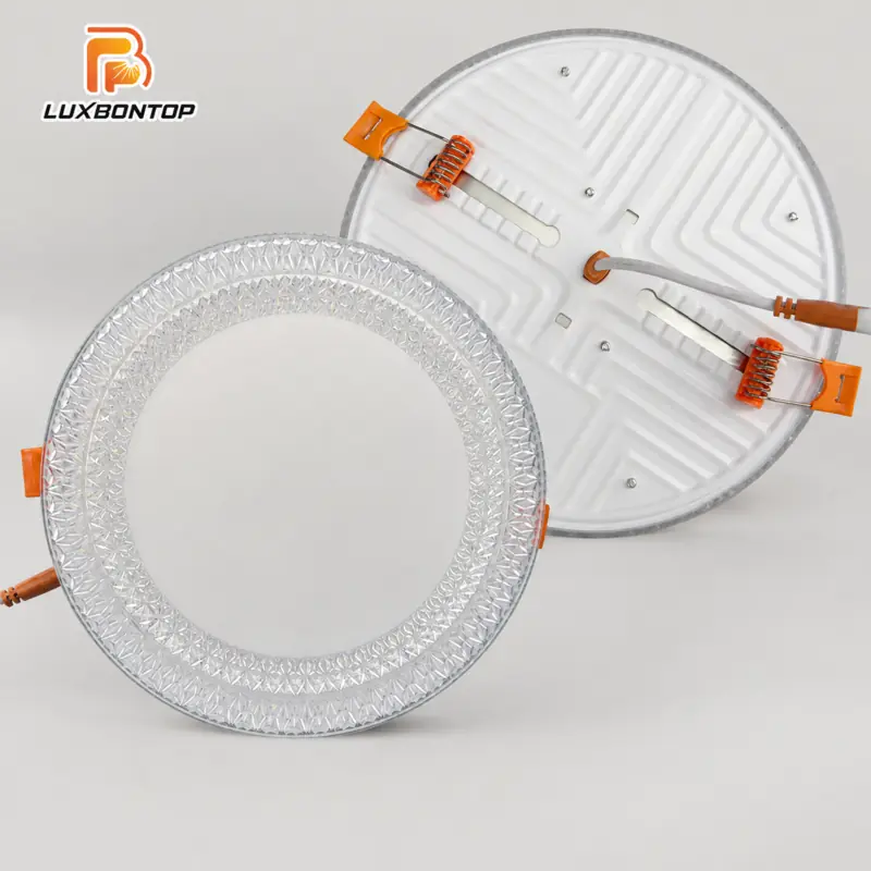 Round crystal LED panel downlight with front and rear installation view