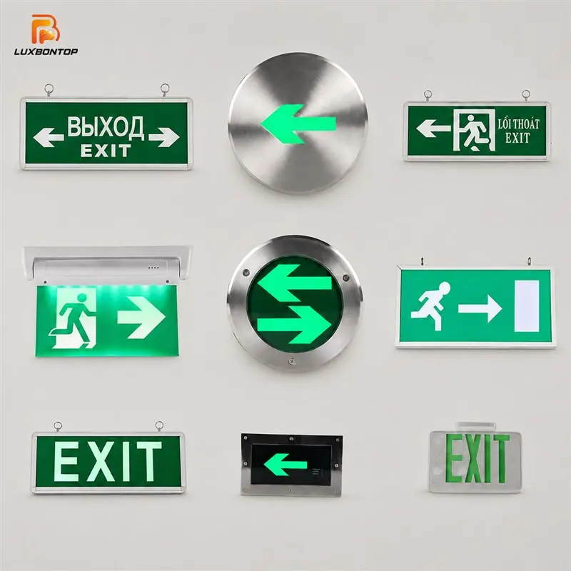 Green emergency exit lights and directional signs for commercial buildings